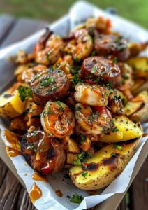 Maui Wowie Shrimp, Smoked Chicken & Sausage Loaded Baked Potatoes Recipe