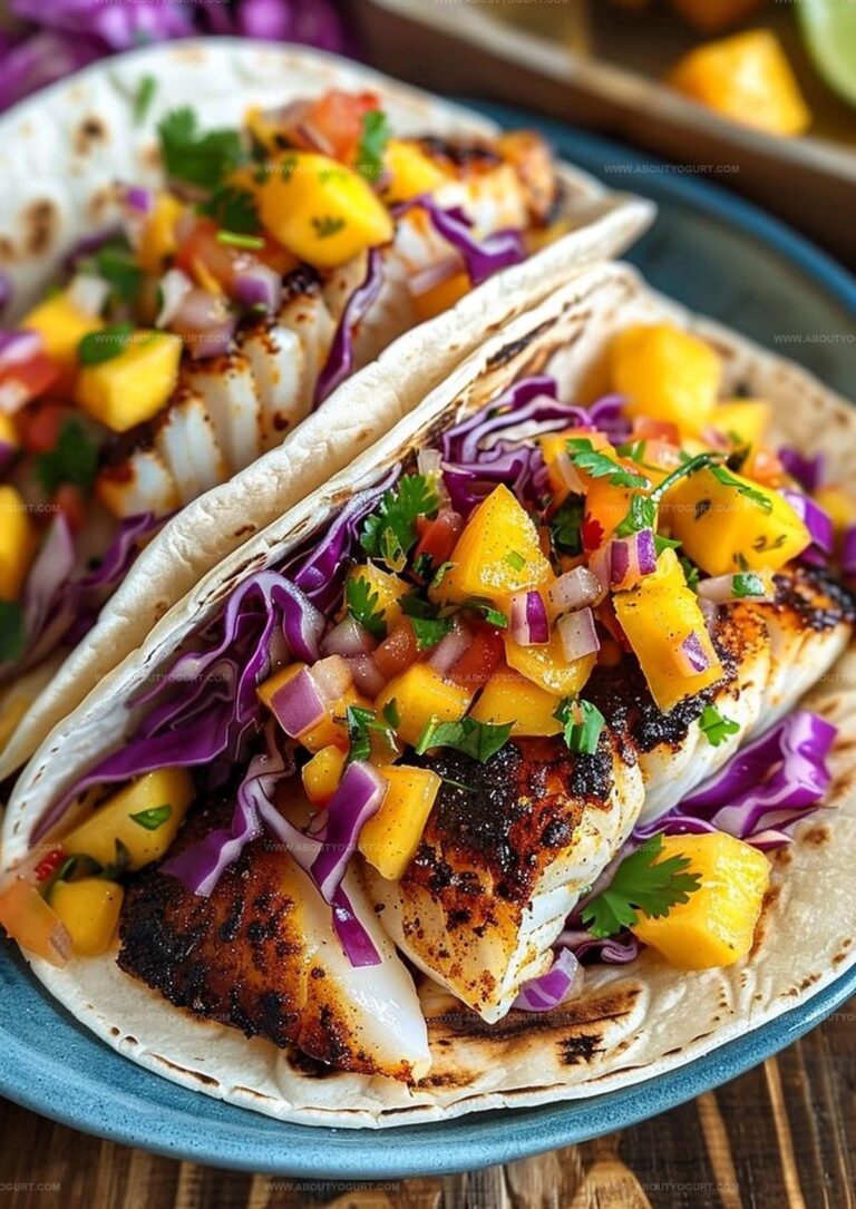 Zesty Blackened Cod Fish Tacos with Pickled Cabbage & Mango Salsa Recipe