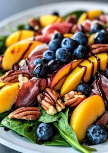 Peach Blueberry Spinach Salad With Pecans, Prosciutto, And Balsamic Glaze Recipe