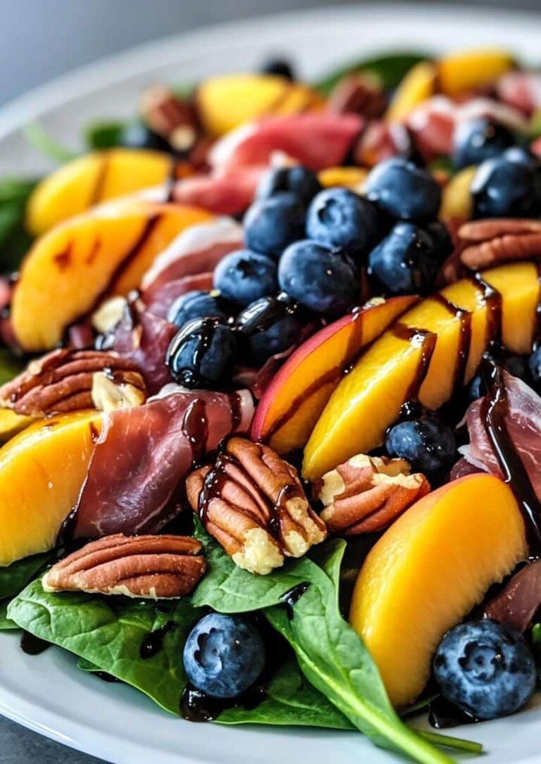 Peach Blueberry Spinach Salad With Pecans, Prosciutto, And Balsamic Glaze Recipe