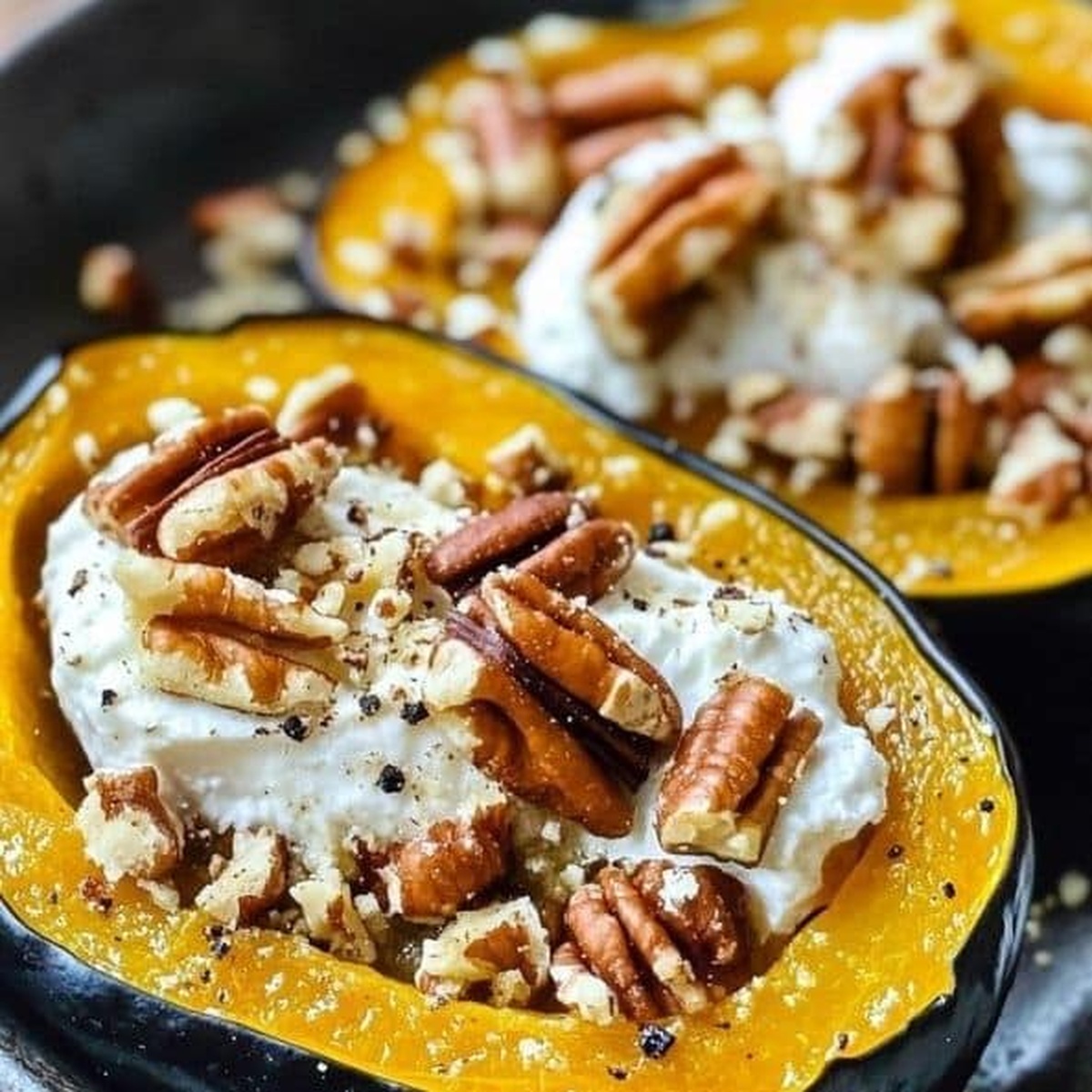 Maple Pecan Goat Cheese Roasted Acorn Squash Recipe