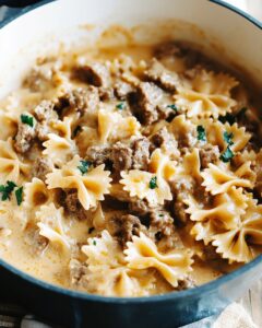 Cheesy Beef And Bowtie Pasta In Garlic Butter Recipe