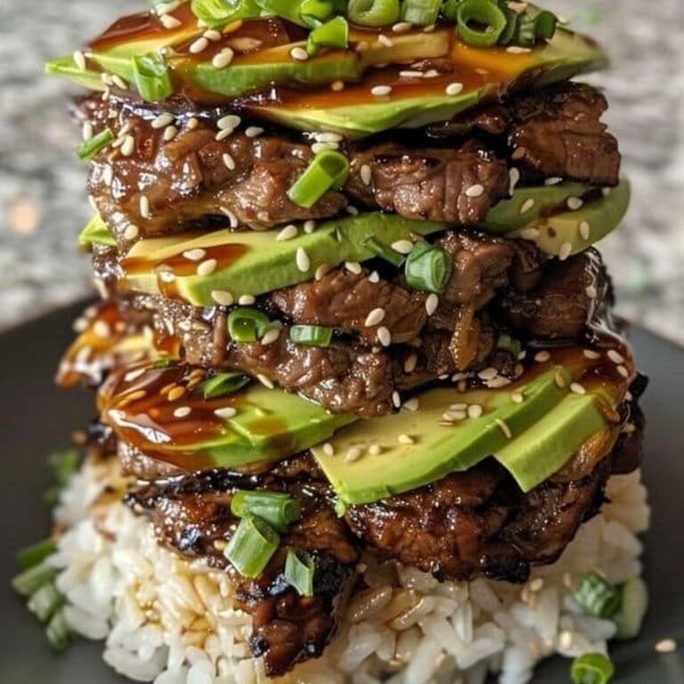 Teriyaki Beef and Avocado Rice Stack Recipe