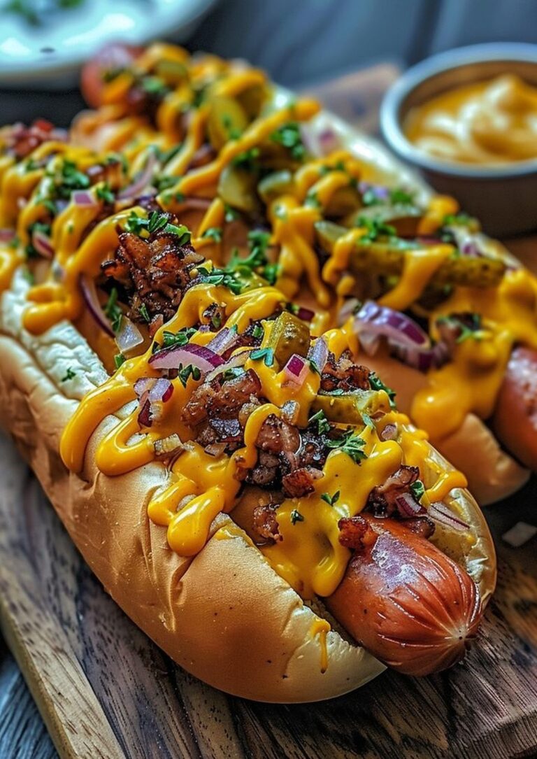 Cheesy Hot Dogs with Pickle Mustard Sauce & Crispy Onions Recipe