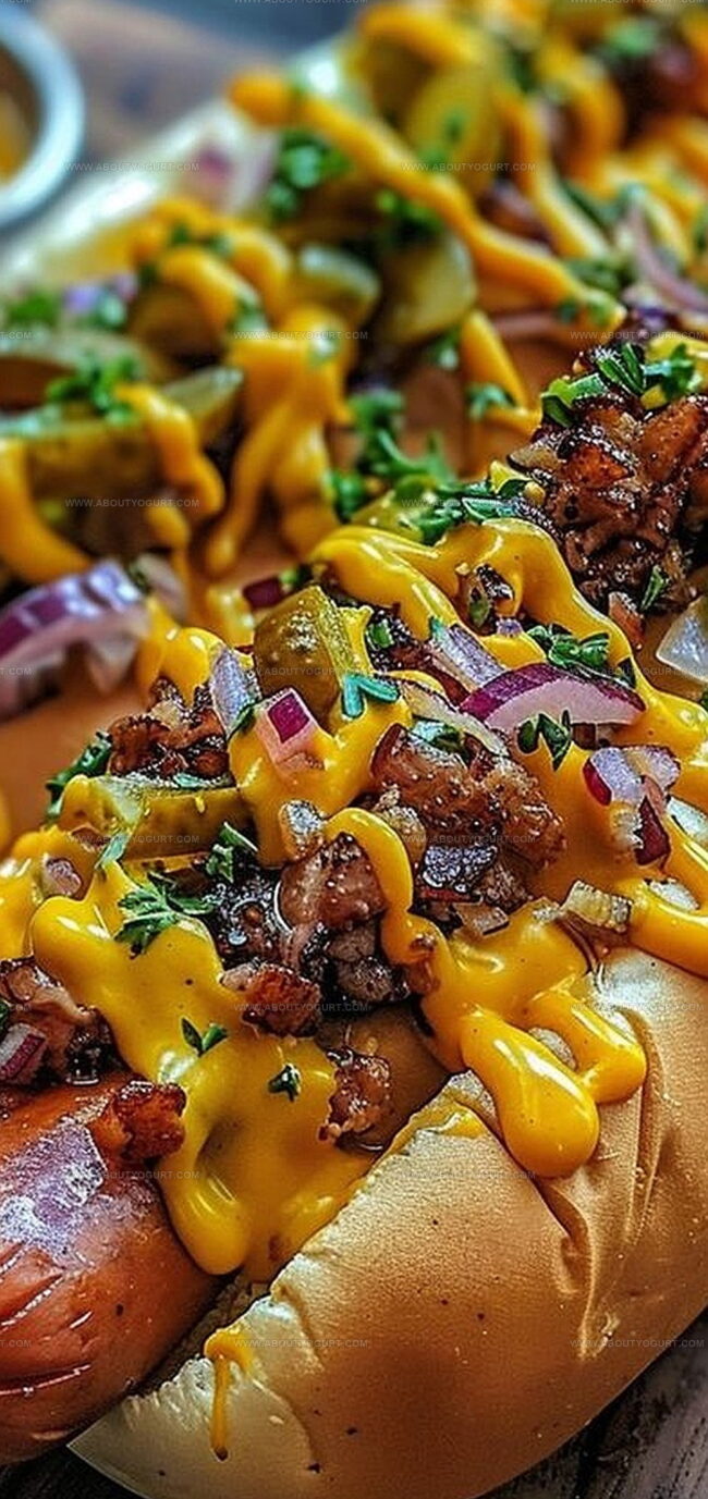 Why Cheesy Hot Dogs with Pickle Mustard Sauce & Crispy Onions Shine